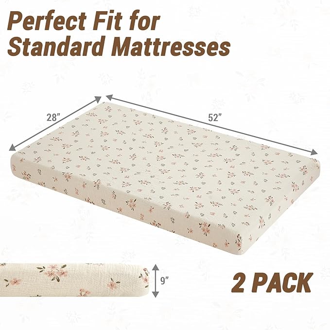 Heavyweight Muslin Baby Crib Sheets - 2PCS 52"x28" Neutral Fitted Crib Sheets for Boys Girls, Breathable Soft 100% Organic Cotton Standard Baby Mattress Sheet (Floral, Pink)