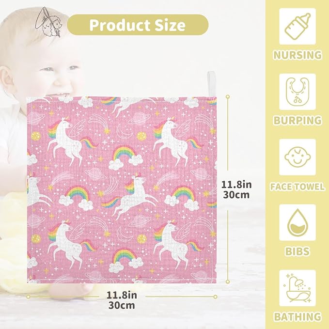 vvfelixl Baby Muslin Washcloths White Unicorn Rainbow Star Baby Burp Cloths Cotton Baby Face Towel for Newborn Infants Boys Girls Soft and Absorbent 11.8 X 11.8 in, 3 Pack