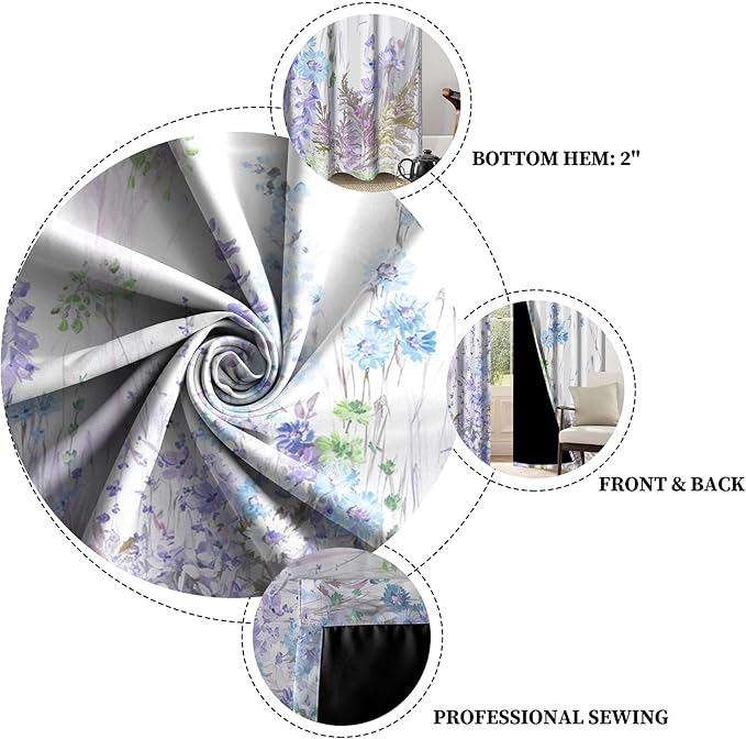Renaiss Purples Blue Floral Print Blackout Curtains, Pastel Wild Flowers Thermal Insulated Bedroom Window Curtains, Spring Floral Art Window Curtains for Kitchen, 55" L x 29" W 2 Panel Set