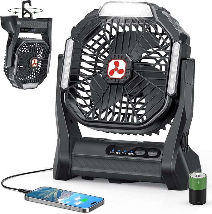 Portable Rechargeable Fan, 20000mAh Cordless Battery Powered Camping Tent Fans with SOS & LED Lantern, Small USB C Operated Outdoor Ventilador for Travel Camp Fishing Bedroom Power Outage Emergency