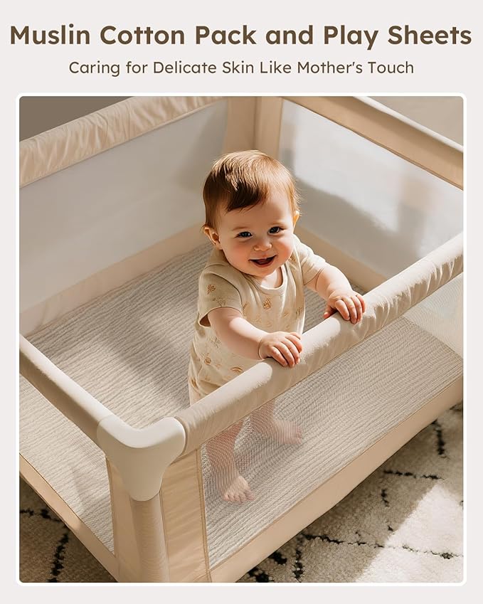 Muslin Pack and Play Sheets Fitted, 100% Cotton Mini Crib Sheets 2 Pack for Pack N Play Mattress, Stretchy Playard Sheet, Soft and Breathable Beige & Khaki