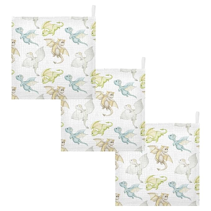 vvfelixl Baby Muslin Washcloths Watercolor Dragons Cartoon Style Baby Burp Cloths Cotton Baby Face Towel for Newborn Infants Boys Girls Soft and Absorbent 11.8 X 11.8 in, 3 Pack