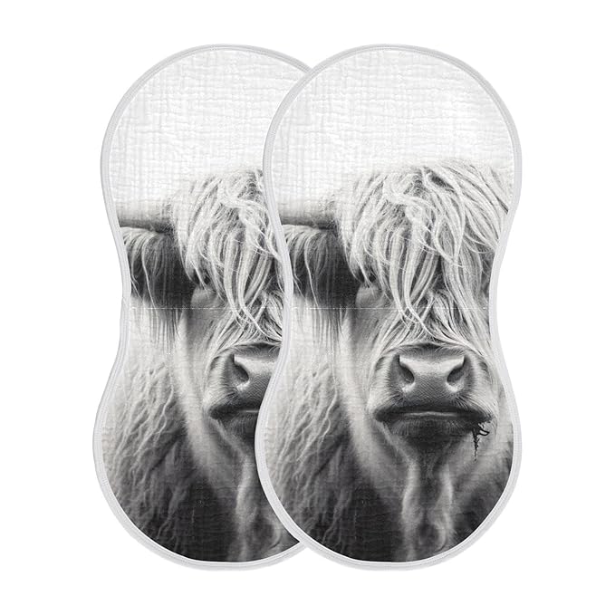 WELLDAY Muslin Baby Burp Cloths Set of 4, Soft Absorbent Highland Cow Muslin Washcloths, Bibs, Face Towel for Newborn Boys Girls, 22 x 11 Inch