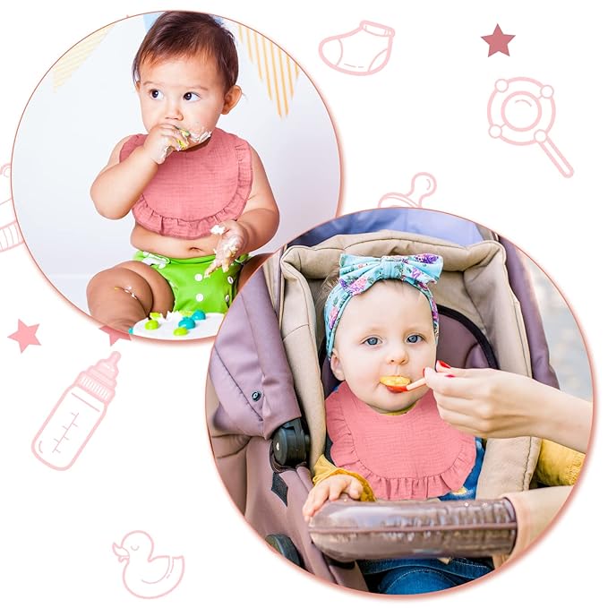 Seematn 10 Pcs Baby Muslin Bibs for Unisex Girls & Boys Drool Bibs Bandana Ruffle Soft Cotton for Newborn Infants Toddlers(Pink)