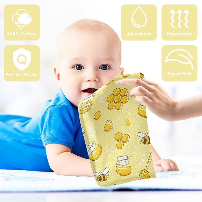Baby Washcloths Cotton Flying Bees Honey Baby Muslin Washcloths Soft Baby Face Towel for Newborn Infants Baby Wipes, 11.8 X 11.8 Inch, 5 Pack Yellow