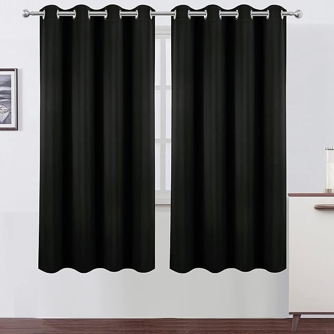 LEMOMO 100% Blackout Curtains 52 x 72 Inch/Black Curtains 2 Panels with Black Lining Room Darkening Thermal Insulated Bedroom Curtains