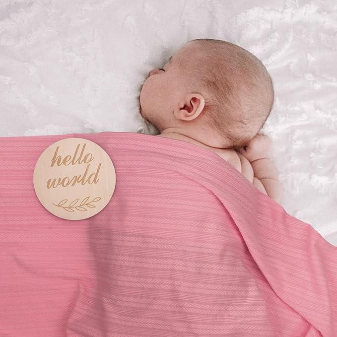 DRESHOW BQUBO Baby Swaddle Blankets for Girls, 4PCS Newborn Accessories Set with Hat and Bow Headband with Hello World Wooden Birth Announcement Card, Baby Blankets for Girls