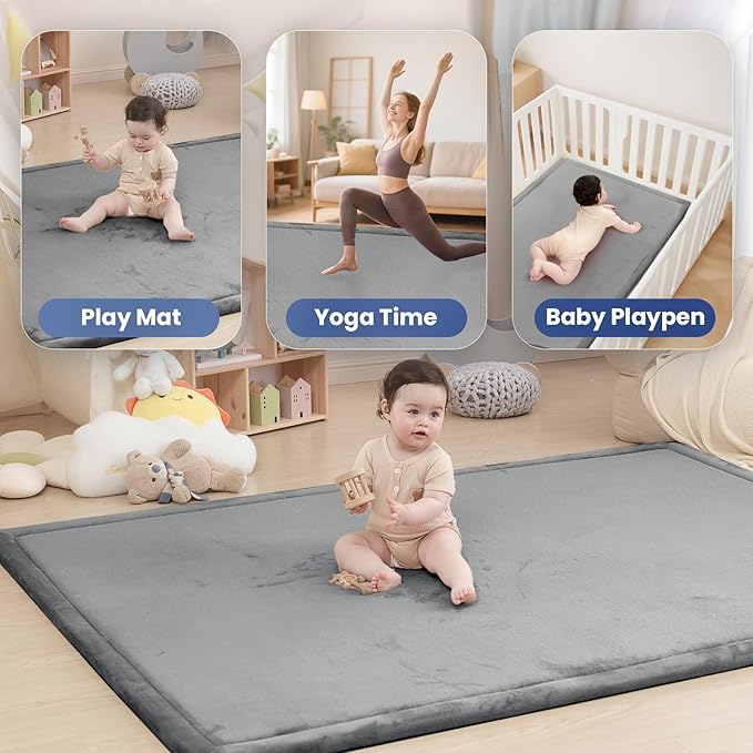 Extra Large 79"x158" Baby Activity Play Mat for Floor, 1.3" Thick Elasti Foam for Tummy Time & Crawling, Non-Slip Nursery Rug for Infants, Toddlers & Kids, Tatami Style Mat for Yoga, Living Room, Classroom & Playroom (Dark Gray)