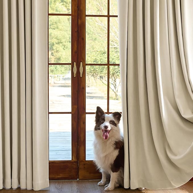 Chenille Blackout Curtains for Bedroom 96 Inches Long Light Block Living Room Curtains Beige Room Darkening Drapes Triple Weave Noise Reducing Drapes Thick Thermal Insulated Window Curtains 2 Panels