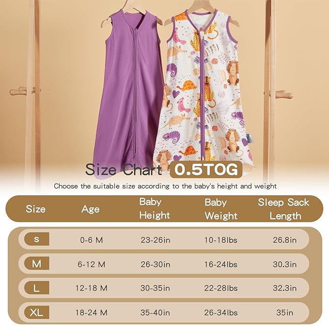 TILLYOU 2 Pack Baby Sleep Sack 12-18 Months 100% Cotton Wearable Blanket 0.5 TOG Sleeveless Summer Sleep Sacks with 2-Way Zipper, Animal Graffiti & Purple