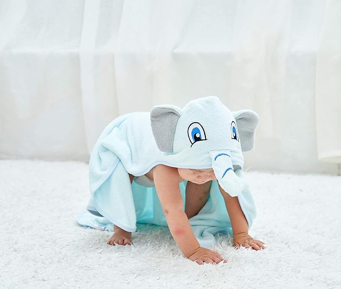 HIPHOP PANDA Hooded Towel - Rayon Made from Bamboo, Bath Towel with Bear Ears for Newborn, Babie, Toddler, Infant - Absorbent Large Baby Towel - Blue Elephant, 30 x 40 Inch