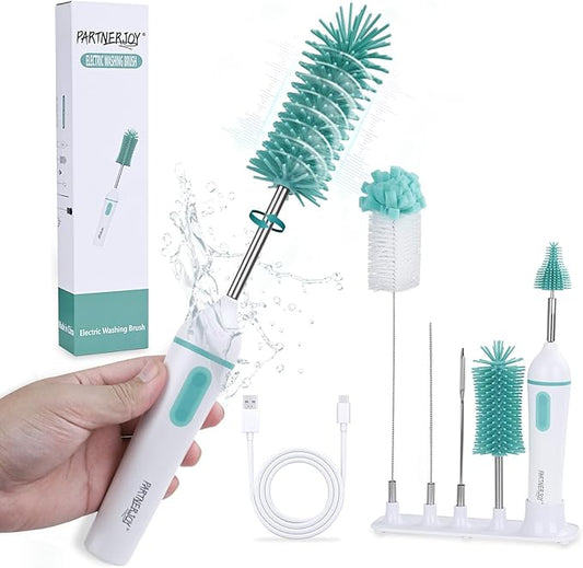 PARTNERJOY 6-in-1 Electric Baby Bottle Cleaner Kit - Rechargeable 360° Rotation Brush with 2-Speed Modes, Silicone/Nipple/Straw Brushes, Formula Mixer & Drying Rack for Home/Travel