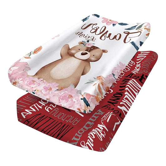 Custom Changing Pad Cover Set - Jersey Knit Ultra Soft Unisex Waterproof Diaper Changing Table Covers with Personalized Name for Baby Boys Girls - Comfy Cozy 2 Pcs Set Style16