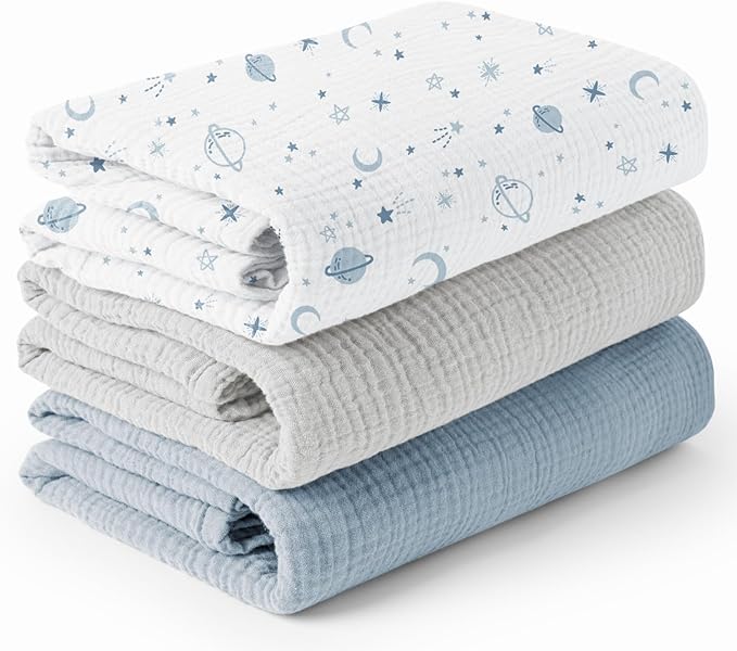 Konssy 3 Pack Muslin Swaddle Blankets for Unisex, Newborn Receiving Blanket, Large 47 x 47 inches, Soft Breathable Muslin Baby Swaddles for Boys & Girls