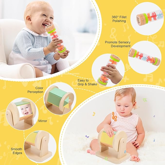Adena Montessori Play Kit for 0-6 Month Baby,8 in 1 Learning Kit Includ Black&White Card,Rainmake Rattle,Sensory Ball,Tummy Time Wobbler,Tissue Box,Tissue,Rainbow Ball,Rainbow Drum