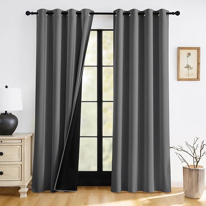 RYB HOME 100% Blackout Bedroom Curtains, Heat & UV Blocking Total Room Darkening Noise Reducing Grommet Curtains for Living Room Dormitory Home Office, 52 inches Wide by 84 inches Long, Grey