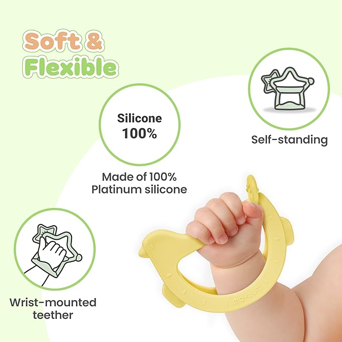 MOYUUM Wrist Teether Gift Set 100% Silicone, Wearable Type Baby Chew Toy Baby Gift for Newborn, Roly Poly Toy, Silicone Teething Toys for Infant and Toddler, Bracelet Type (Bird Orange, Pony Yellow)