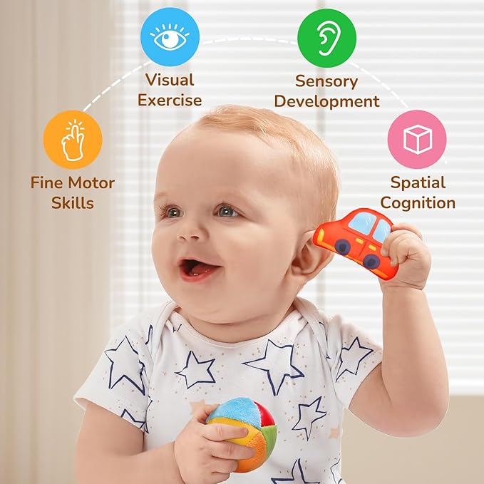 JoyCat What's Inside Box - Mystery Soft Box with 5 Sensory Objects, Rattle, Crinkle Paper, Mirror - Baby Toys 6-12 Months, Soft Busy Travel Toys - Christmas Basket Stocking Stuffers