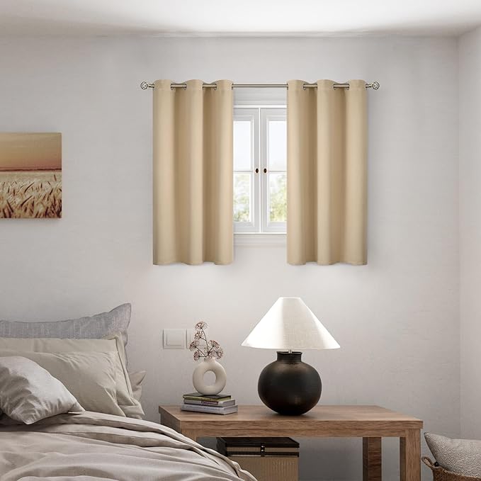 BGment Short 100% Blackout Curtains for Bedroom, Thermal Insulated Energy Efficiency Noise Reducing Grommet Curtains 54 Inch Length with Liner for Small Window 2 Panels Each 42 Inch Wide, Beige