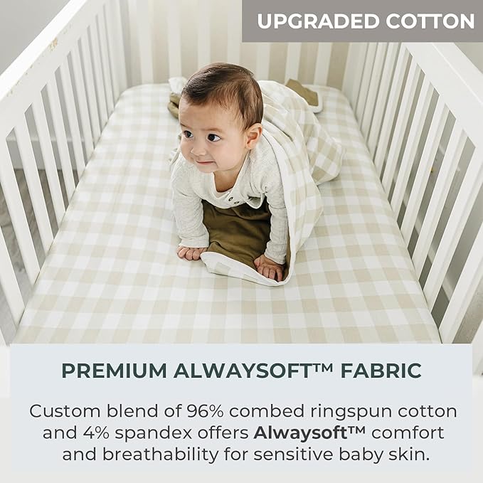 Pobibaby – 2 Pack Crib Sheets for Boys, Premium Fitted Baby Boy Crib Sheets for Standard Crib Mattress – Ultra-Soft Jersey Knit, Safe and Snug, Stylish Design (Gingham Khaki)