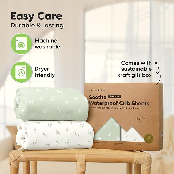 2-Pack Waterproof Crib Sheets for Boys, Girls - 52x28 Fitted Organic Cotton Baby Crib Sheets, Toddler Mattress Protector Cover, Washable, Soft & Durable Baby Bedding Essentials (Herb)