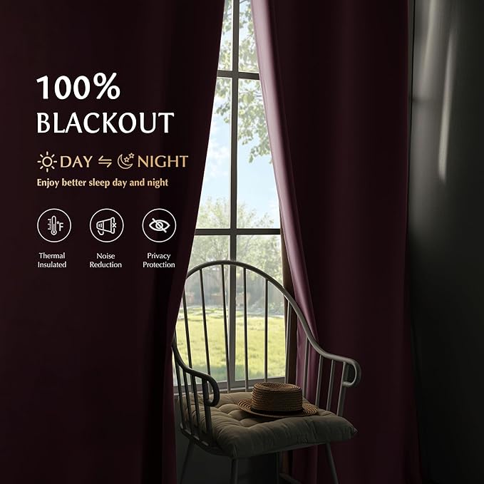 Beauoop Pink 100% Blackout Curtains 63 Inch Long 2 Panels for Bedroom Living Room Solid Room Darkening Thermal Insulated Soundproof Energy Saving Grommet Top Window Treatment Drapes, 52x63 2 Set
