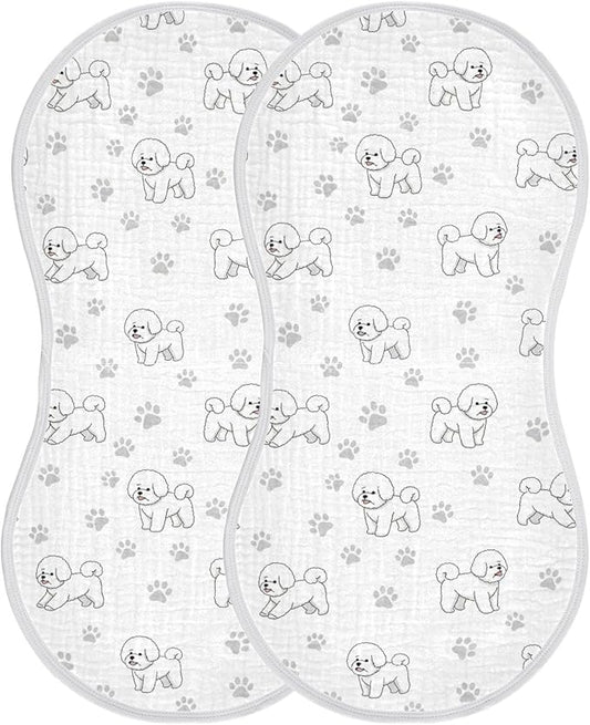 Qinllo 2 Pack Muslin Burp Cloths Cute Bichon Dog White Cotton Baby Burp Cloths Extra Absorbent and Soft Thick Burping Cloth for Baby Boys Girls 22x11 Inch