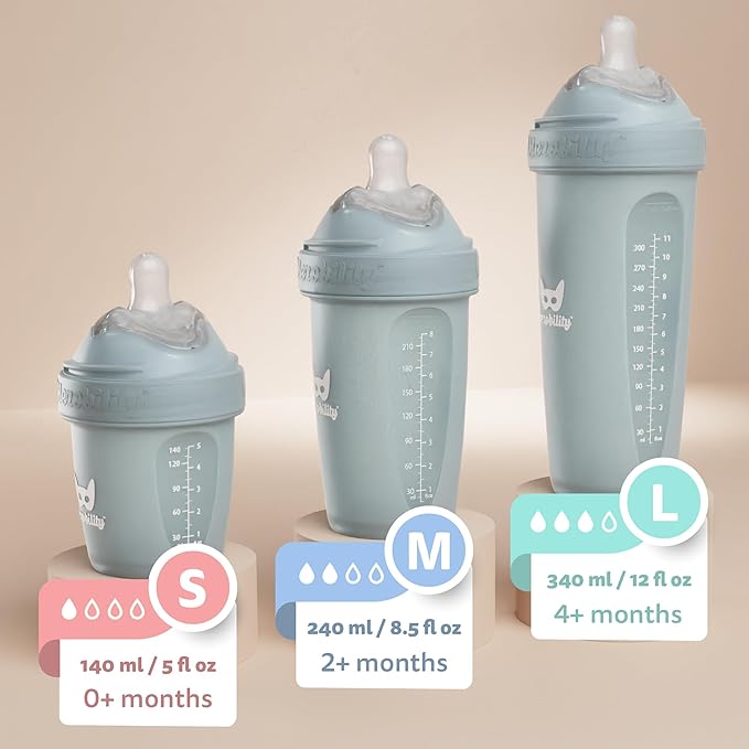 Herobility Double Anti-Colic Baby Bottles – 12 fl oz/340ml – 4-Pack – Multicolor - White, Gray, Iron Blue, Blue