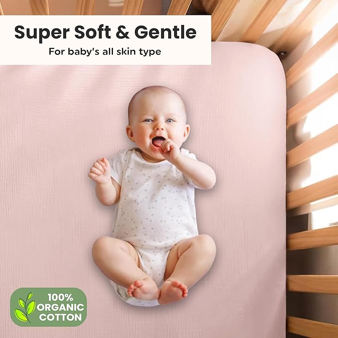 100% Organic Cotton Muslin Crib Sheets (Set of 2) – Soft & Breathable Fitted Sheets for Boys and Girls, Neutral Colors – Fits Standard Baby Crib Mattress (28 x 52 Inches) (Peach/Ivory)