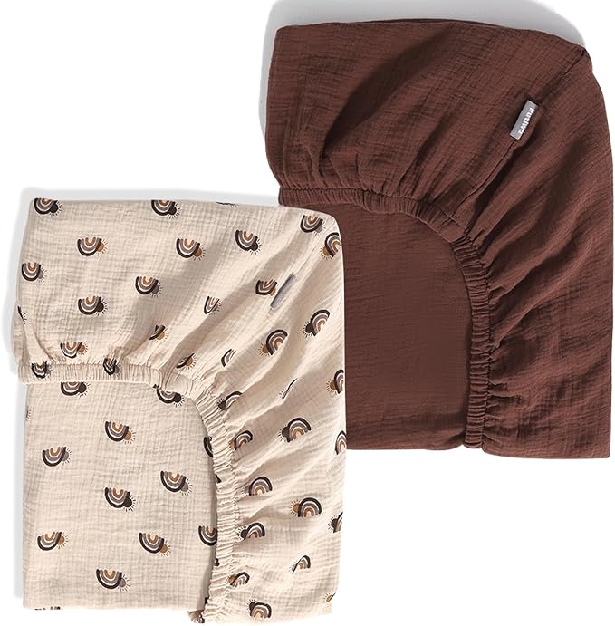 Breathable Muslin Crib Sheets for Boys 2 Pack Organic Cotton Crib Sheets Neutral for Baby Girls Soft Sheets Fitted Toddler Bed&Standard Crib Mattress 28"x 52"(Brown&Rainbow)