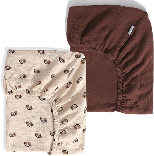 Breathable Muslin Crib Sheets for Boys 2 Pack Organic Cotton Crib Sheets Neutral for Baby Girls Soft Sheets Fitted Toddler Bed&Standard Crib Mattress 28"x 52"(Brown&Rainbow)