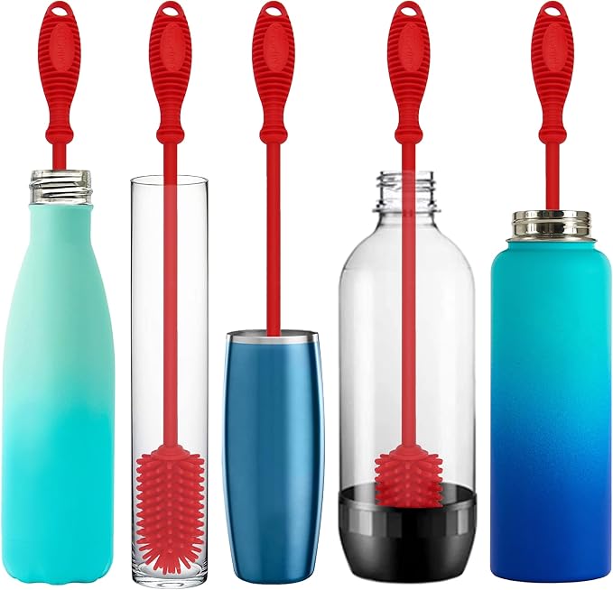 Kitchiny 12.5" Silicone Bottle Brush & Straw Cleaner Brush Set | Water Bottle Cleaner for Hydro Flasks, Tumblers, Glassware, Vases and Narrow Neck Containers