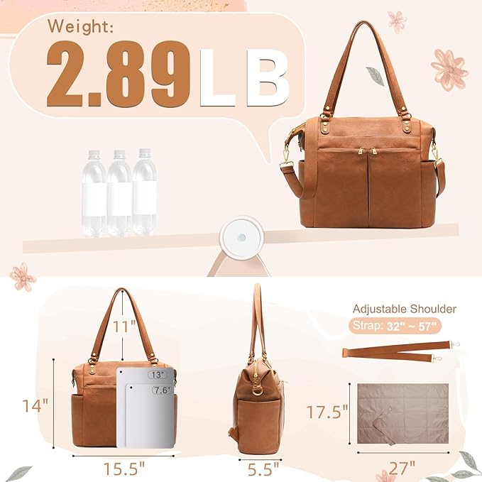 MOMINSIDE Diaper Bag Tote, 4 in 1 Leather Diaper Bag Backpack with 13 Pockets, Convertible Baby Bag for Boys Girls,Diaper Bags Baby Registry, Changing Pad, 4 Large Insulated Pockets(Brown)