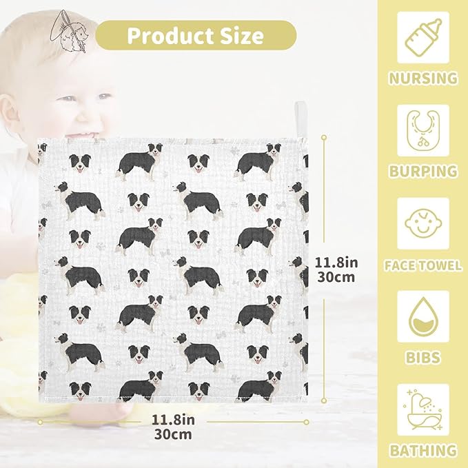 vvfelixl Baby Cotton Washcloths Border Collie Black Infants Bath Towel for Unisex Face Towels for Newborn, Natural Baby Wipes Delicate Skin, 11.8 X 11.8 inch, one sizex3