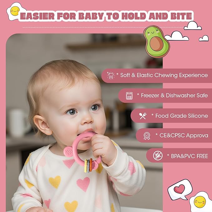 Baby Fruit Food Feeder & Breastmilk Popsicle Molds for Teething Relief, Baby Feeding Sets, 1 Freezer Tray with Lid & 1 Teether Toy & 1 Silicone Teething Pacifier Feeder, Extra Food Pouches (Pink)