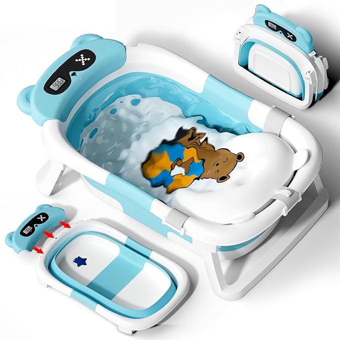 AVIDOR Baby Bathtub,Collapsible Bathtub for Newborn to Toddler,Durable Essential Infant Bath Tub,Portable Travel Baby Bathtub with Soft Cushion,No-Slip Hanging and Detachable Bathtub(Blue)