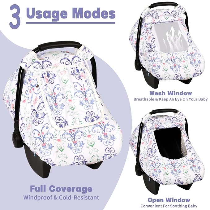 Car Seat Cover Baby, Infant Car Seat Covers Canopy for Baby Girl Boy, Cozy & Windproof Newborn Carseat Covers Minky Dot Backing Stroller Cover with Breathable Mesh Window, Blue Floral
