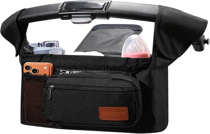 Stroller Organizer with Cup Holder Detachable Wristlet Large Capacity Baby Stroller Bag for Mom, Fits Uppababy, Baby Jogger, Britax, BOB, More (Black)