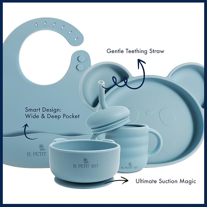 Silicone Baby Feeding Set - Complete Baby Led Weaning Supplies with Non-Toxic Silicone Bibs, Suction Plates, Suction Baby Bowl, Sippy Cup, Baby Spoons and Fork, Toddler Utensils (Baby Sky)