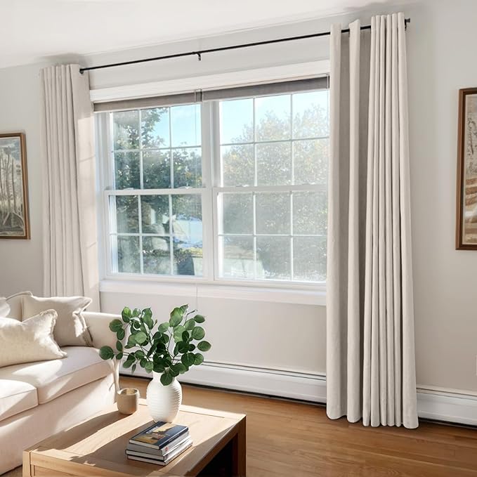100% Blackout Shield Linen Blackout Curtains for Bedroom, Beige Grommet Curtains for Living Room, Thermal Insulated Room Darkening Drapes for Nursery, Boho Home Decor, 50" W x 84" L, 2 Panels