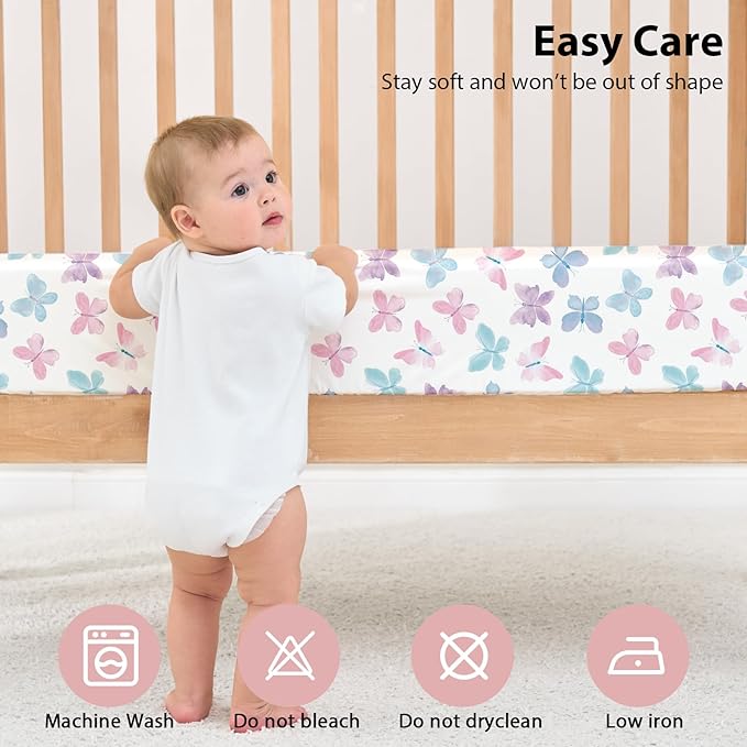 Baby Crib Sheets Girl, 3 Pack Toddler Bed Sheets Fit for 52”x28” Standard Crib and Toddler Mattresses, Super Soft Microfiber Pink Butterfly Flower