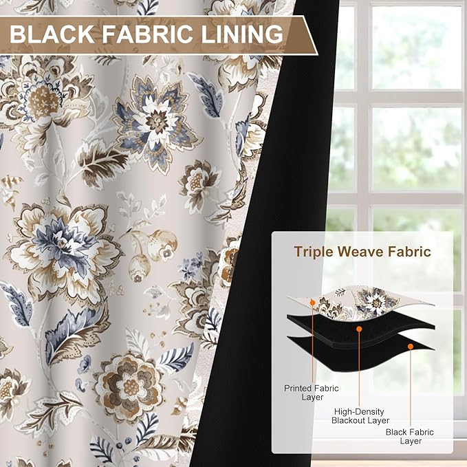 Floral Blackout Curtains for Bedroom and Living Room, Room Darkening Soundproof Thermal Insulated Blackout Curtains for Winter, Grommet Farmhouse Black Out Window Curtains 84 Inch Length 2 Panels Set