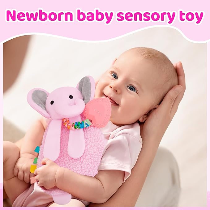 Pro Goleem Pink Elephant Loveys for Babies Girl and Boy, Baby Lovey with Teether, Baby Toys 0 3 6 9 12 Months, Safety Teething Toys for Babies Infant Newborn and Toddler