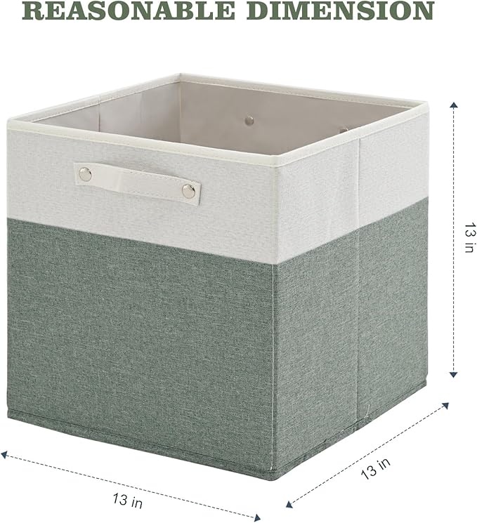 13 x 13 Inch Fine Linen Storage Bins with Handles，Fabric Cube Boxs，Basket Organizers for Shelves for Home, Closet Drawers (White/Green-4 Pack )