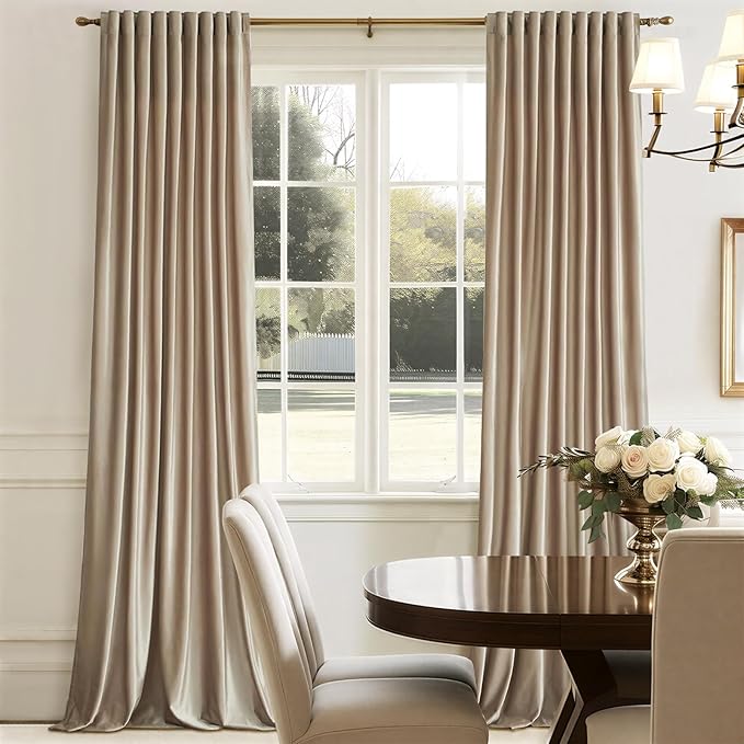 100% Full Blackout Champagne Beige Velvet Curtains 120 inch Long for Living Room,Set of 2 Liner Rod Pocket Back Tab Thermal Window Curtains Room Darkening Decorative Curtains Drapes for Bedroom