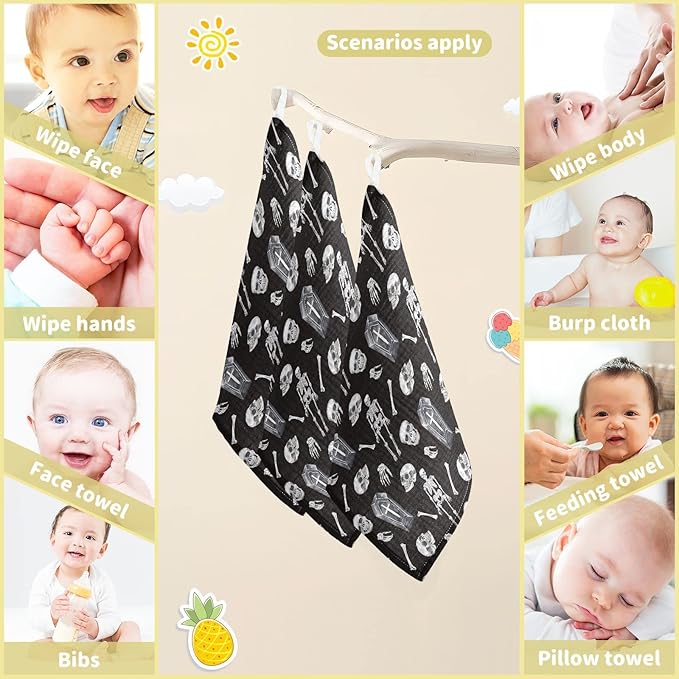 vvfelixl Baby Washcloths Cotton Creepy Skull Baby Muslin Washcloths Soft Baby Face Towel for Newborn Infants, 11.8 X 11.8 Inch, 3 Pack Black
