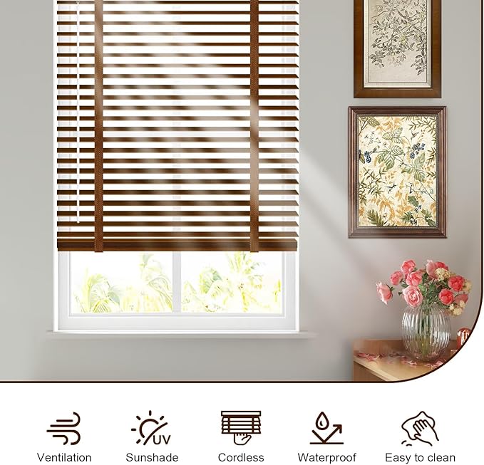 2" Cordless Wood Blinds for Indoor Windows Custom Blackout Blinds Room with Privacy Protection, Cordless Wooden Horizontal Window Shades for Bedroom, Living Room, Office, Kitchen, 32" W x 64" H