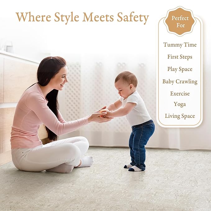 PopsyKosy Premium Baby Floor Play Mat - Thick & Cushioned 0.5 inch Playroom Foam Mat, Non-Toxic Odorless - 6 Tiles - Spacious 6x4 ft. - Stylish & Large, Waterproof for Kids & Toddlers - Pearl Beige