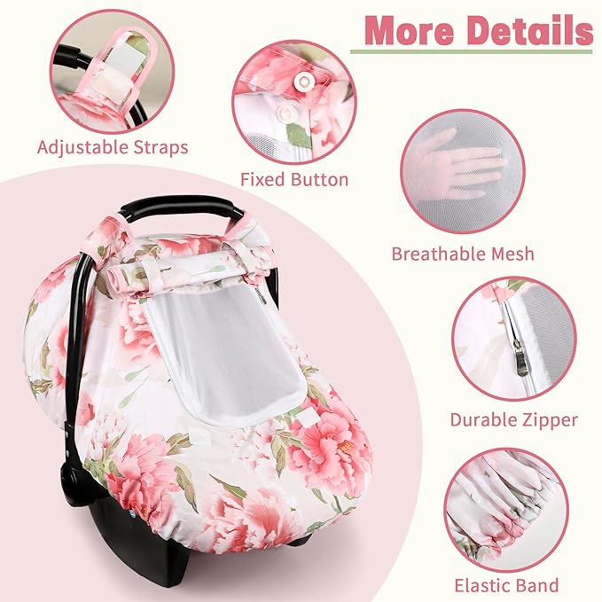 Car Seat Cover Baby, HNHUAMING Infant Car Seat Covers Canopy for Baby Girl Boy, Cozy & Windproof Newborn Carseat Covers Mink Dot Backing Stroller Cover with Breathable Mesh Window, Pink Flower