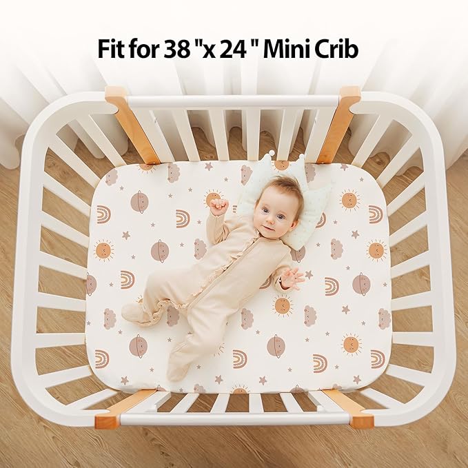 Baby Mini Crib Sheets Boy, Portable 38”x26” Pack and Play Sheets Fitted for Playard and Pack N Play Mattress, 3-Pack Soft Microfiber Orange Sun Rainbow